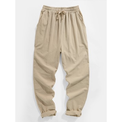 Mens Solid Color Plain Drawstring Elastic Waist Pants With Pocket