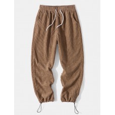 Men Corduroy Drawstring Waist Slant Pockets Cuffed Jogger Pants