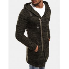 Mens Fashion Knitting Hooded Mid Long Zipper Casual Sweaters