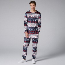 Mens Two  Pieces O Neck Christmas Pajama Set Peers Fairisle Printing Sleepwear Loungewear