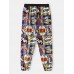 Mens Cartoon Letter Print Elastic Waist Pant