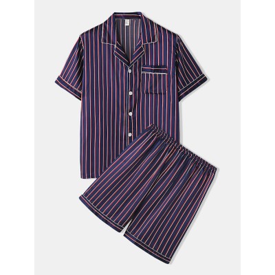 Mens Striped Smooth Revere Collar Pocket Button Up Home Faux Silk Pajama Set