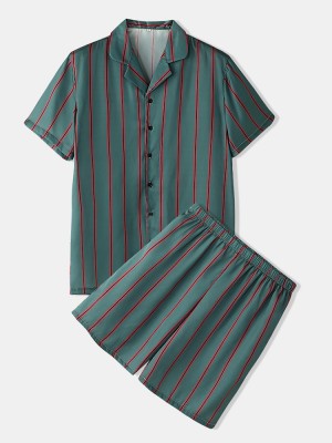 Mens Striped Revere Collar Short Sleeve Home Casual Faux Silk Pajama Set