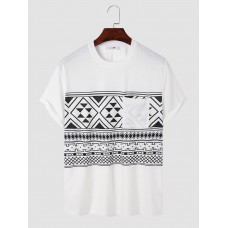 Men Tribal Print Chest Pocket Crew Neck Soft Short Sleeve Casual T  shirts