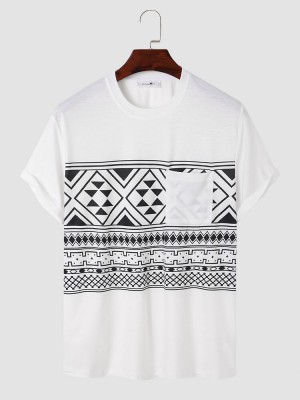 Men Tribal Print Chest Pocket Crew Neck Soft Short Sleeve Casual T  shirts