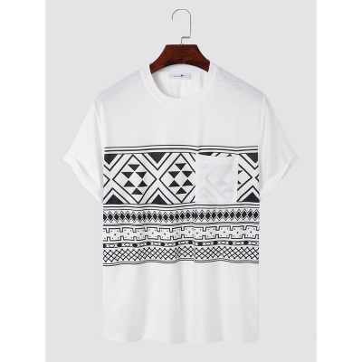 Men Tribal Print Chest Pocket Crew Neck Soft Short Sleeve Casual T  shirts