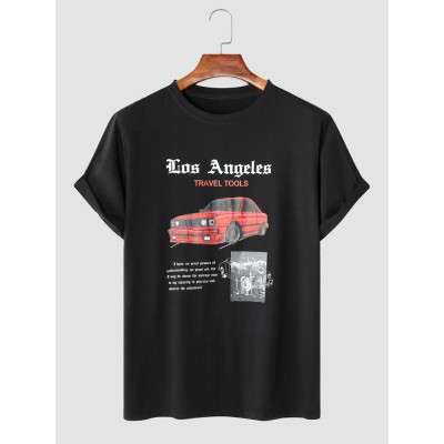 Men Graffiti Car Print Letter Print Hem Cuff Crew Neck Casual T  Shirt